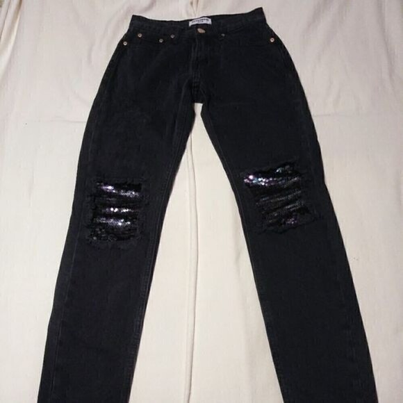 Glamorous High Waist Sequin Patch Distressed Skinny Jeans 4 Petite - Picture 8 of 14